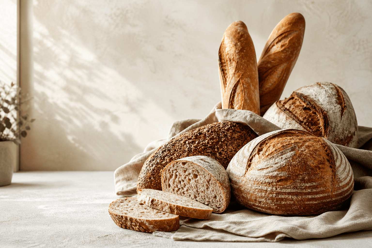 Een selectie ambachtelijke desembroden en baguettes op een bakkerijtoonbank